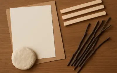 Materiały do zrobienia ramki z kartonu: papier, patyczki, glina.