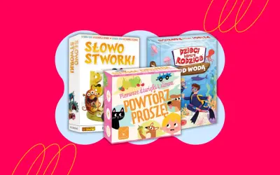 Kolorowe gry planszowe dla 5 latka: "Słowostworki", "Powtórz proszę!" i "Dzieci kontra Rodzice: Od wodą".