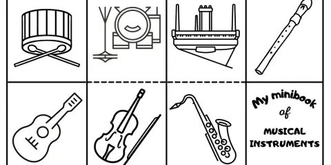 Kolorowanki instrumentów muzycznych: bęben, zestaw perkusyjny, pianino, flet, gitara, skrzypce, saksofon.