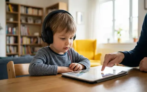 Chłopiec w słuchawkach uczy się zasad bezpiecznego korzystania z internetu dla dzieci, korzystając z tabletu pod okiem dorosłego.