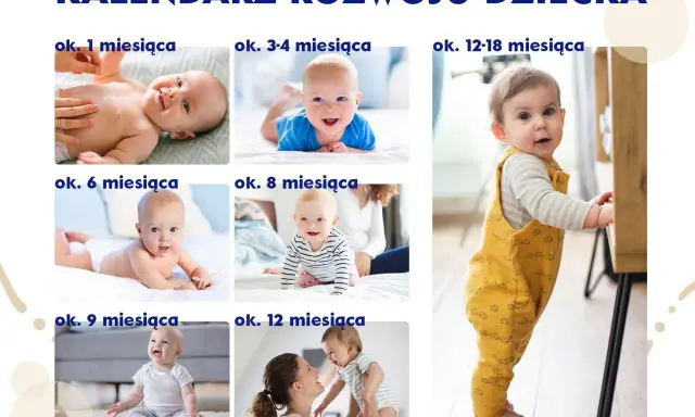 Kalendarz rozwoju dziecka: niemowlęta od 1 miesiąca do 18 miesięcy, pokazujący skok rozwojowy 18 miesiąc.