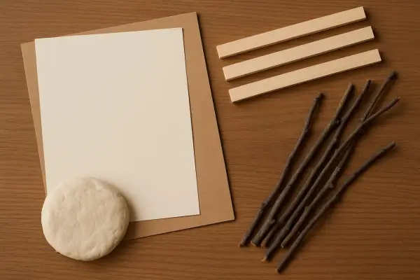 Materiały do zrobienia ramki z kartonu: papier, patyczki, glina.