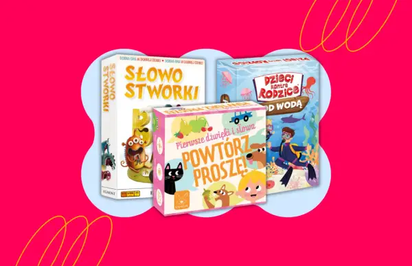 Kolorowe gry planszowe dla 5 latka: "Słowostworki", "Powtórz proszę!" i "Dzieci kontra Rodzice: Od wodą".